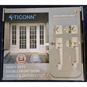 TICONN Heavy Duty Double Front Door Handle & Deadbolt Set - Satin Chrome Finish